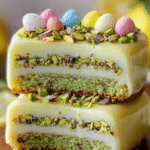 Fresh lemon pistachio milk cake served chilled