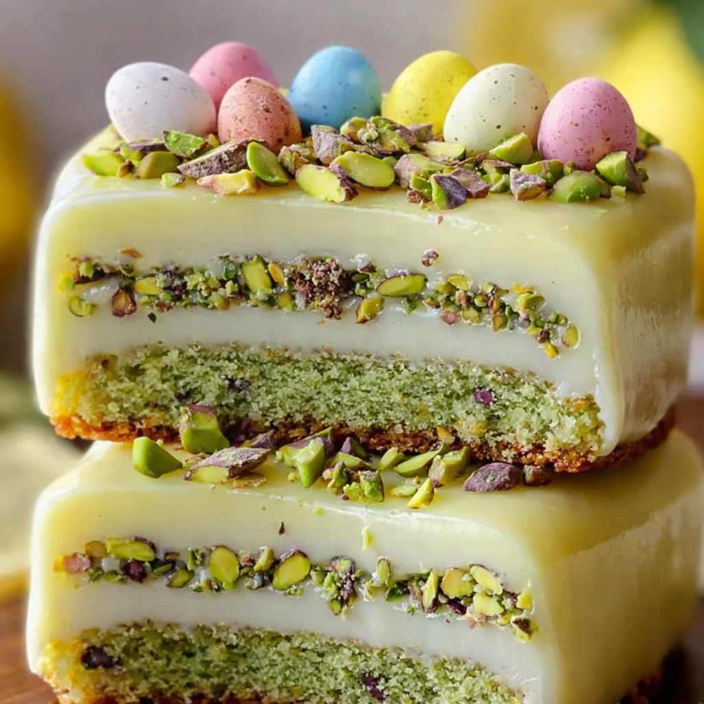 Fresh lemon pistachio milk cake served chilled