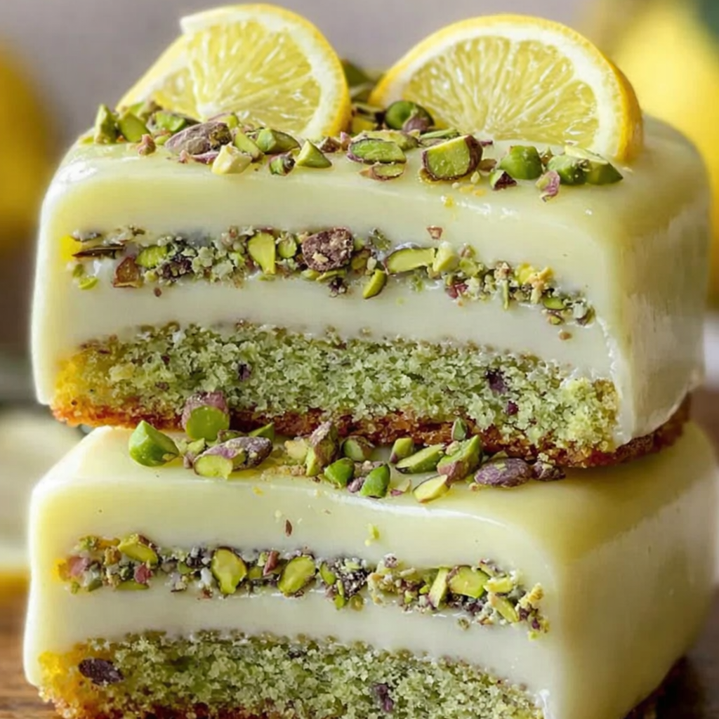 Moist lemon pistachio milk cake with creamy topping