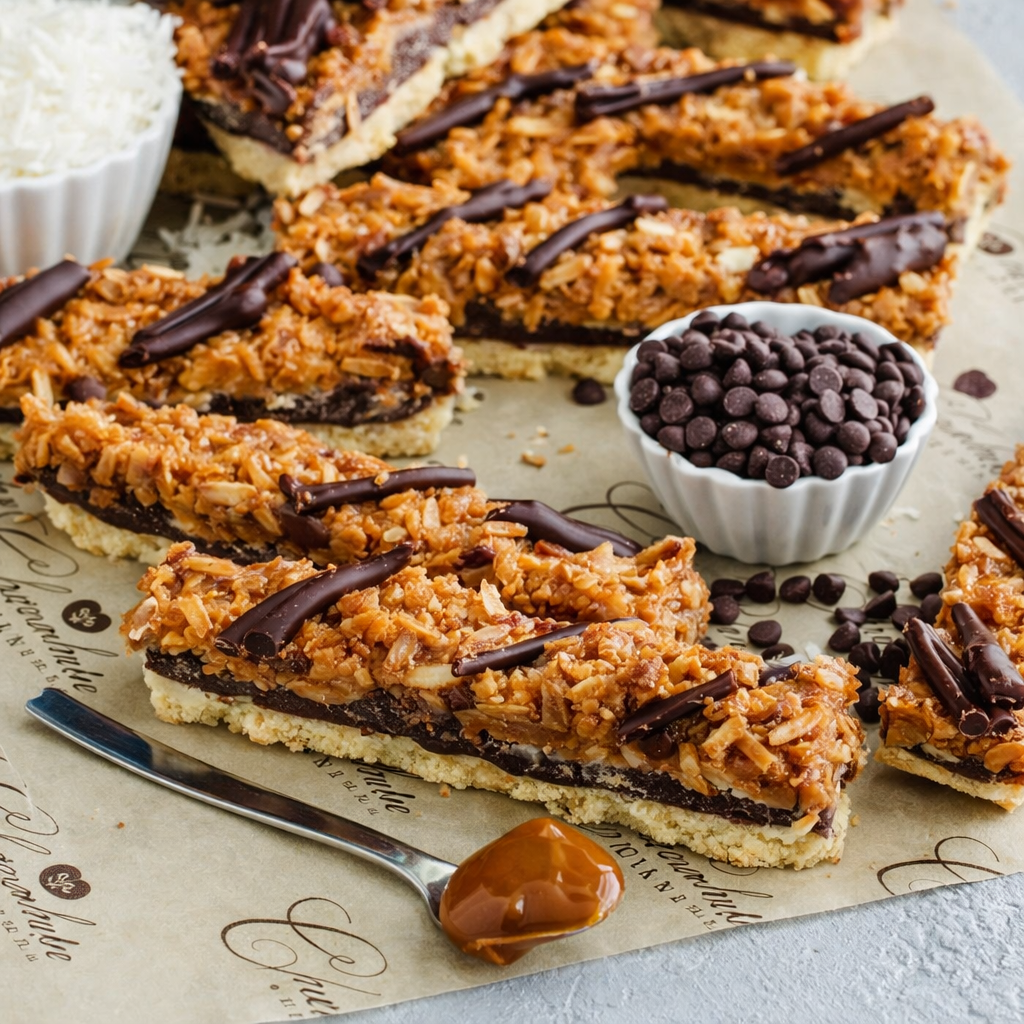 Easy Samoas Cookie Bars sliced into squares on a dessert tray
