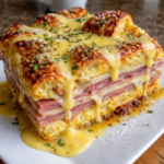 Slice of Monte Cristo Breakfast Casserole served with raspberry preserves