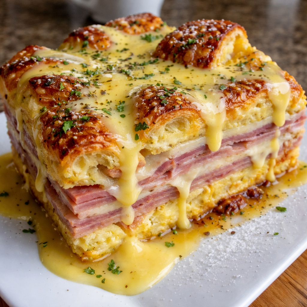 Slice of Monte Cristo Breakfast Casserole served with raspberry preserves