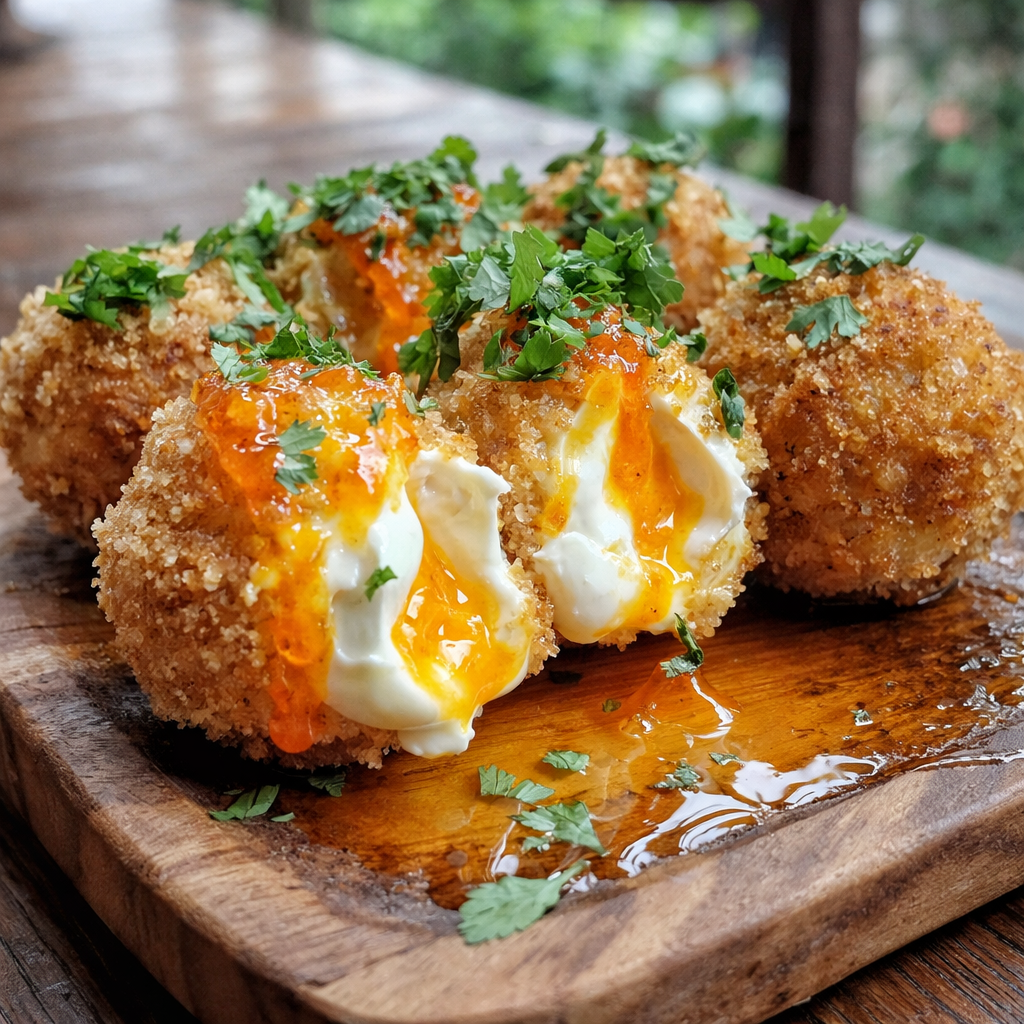 Crispy Fried Burrata: 5 Easy & Amazing Ways 6 Fried burrata cheese served with spicy tomato sauce and herbs