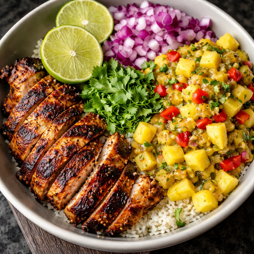 Jerk Chicken Bowl – Best 5 Easy & Amazing Ideas 5 Grilled jerk chicken bowl topped with fresh pineapple salsa