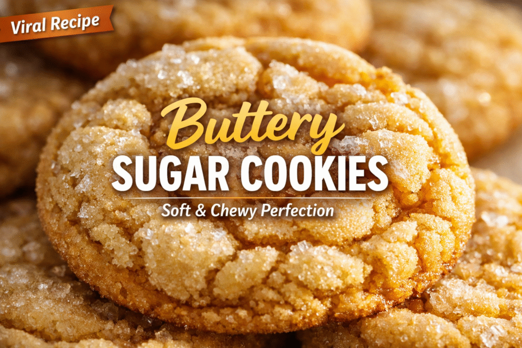 Butter toffee sugar cookies with crinkly tops and golden edges on a baking tray