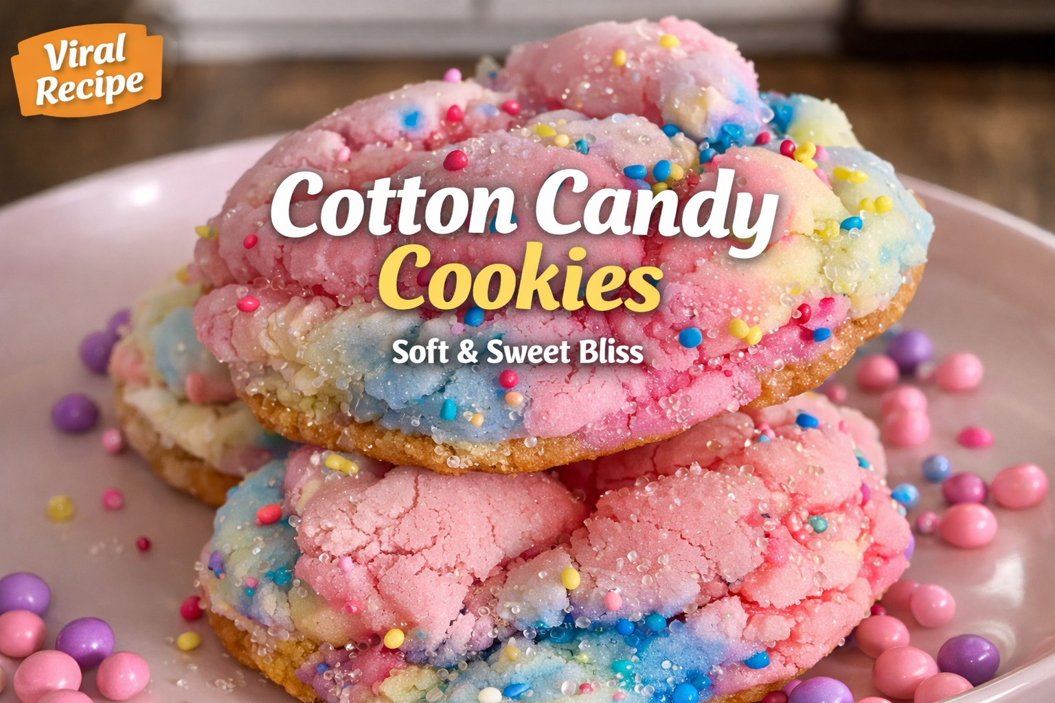 Cotton Candy Cookies with pink and blue swirls on a plate