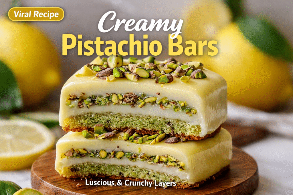 Lemon Pistachio Milk Cake topped with whipped cream and pistachios