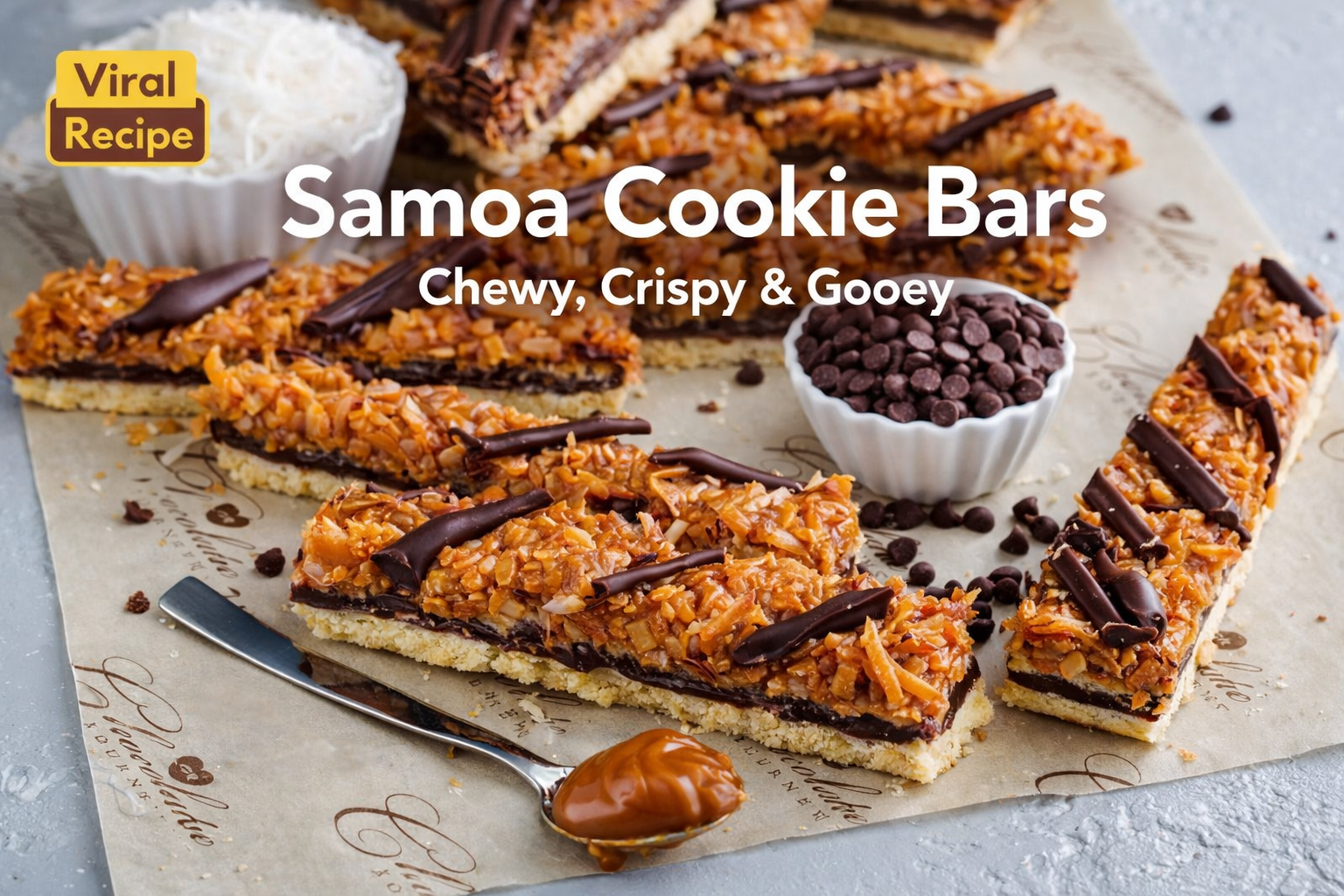 Samoas Cookie Bars topped with caramel, toasted coconut, and chocolate drizzle