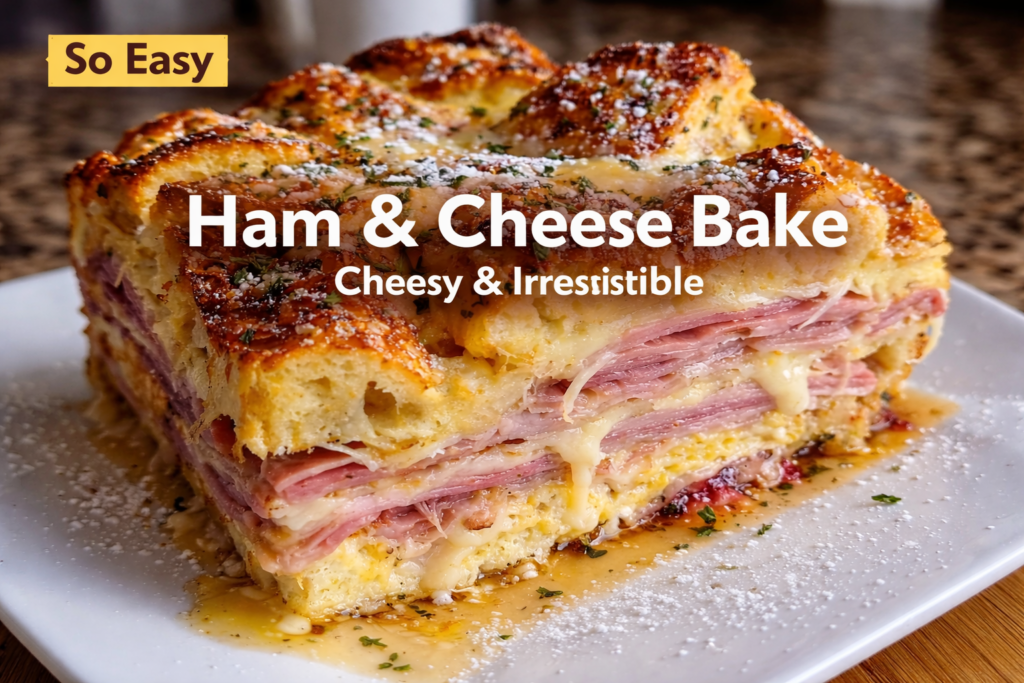 Monte Cristo Breakfast Casserole baked golden with powdered sugar and raspberry drizzle