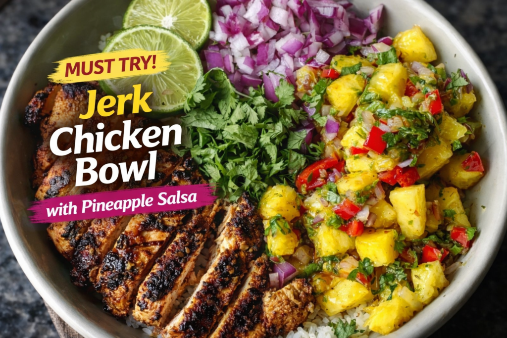 Jerk Chicken Bowl with pineapple salsa and rice
