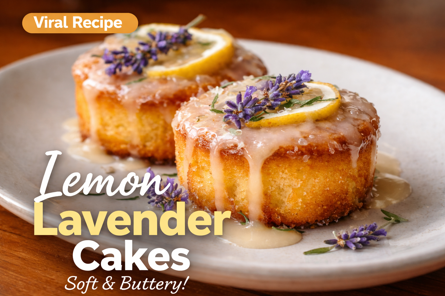 Mini Lemon Cakes: Easy Fresh Lavender Treat 4 Mini lemon cakes with lavender glaze on plate
