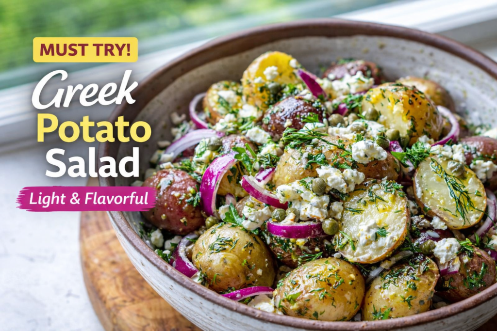 Fresh Greek potato salad with feta and herbs in bowl