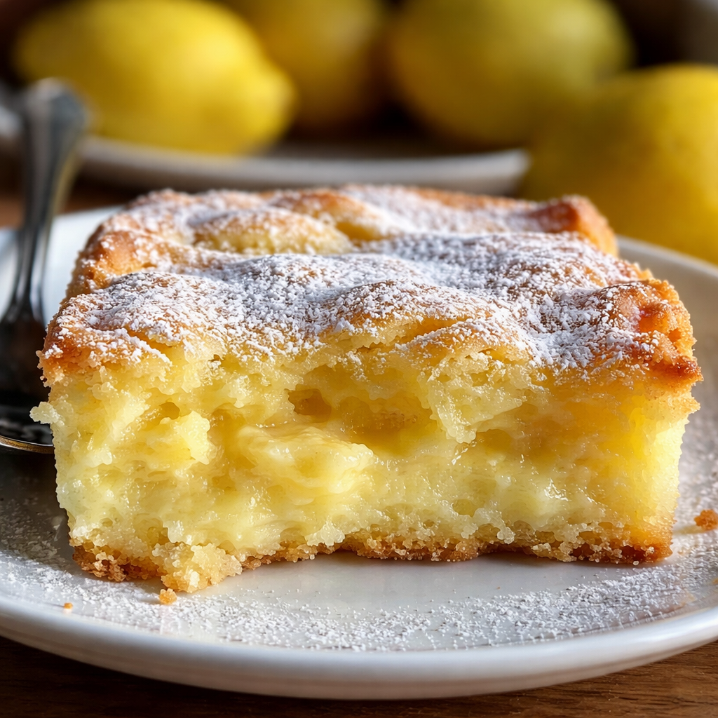 Slice of tangy Magic Lemon Cobbler served with whipped cream on a plate