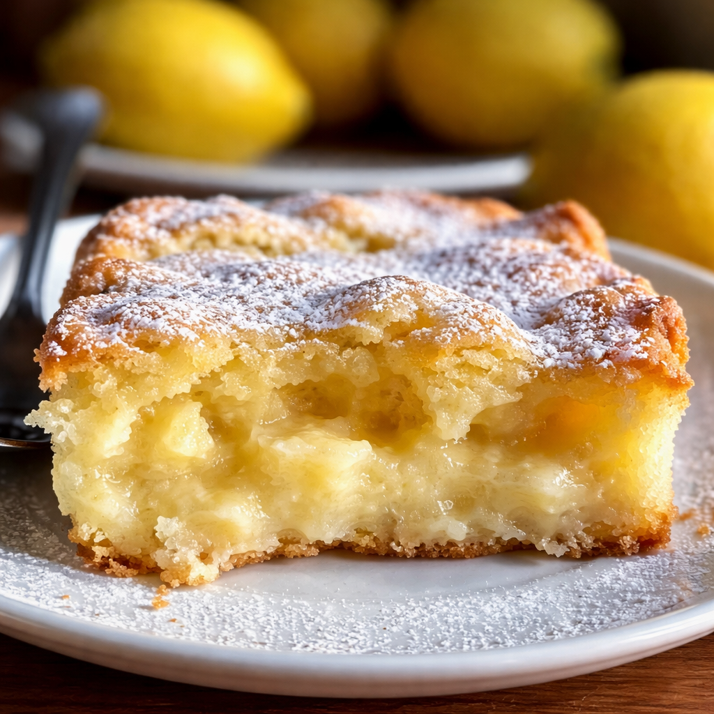 Close-up of fluffy Magic Lemon Cobbler showing custard and cake layers