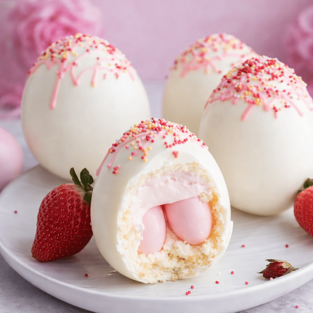 Easy Amazing 5 Steps - Strawberry Shortcake Easter Egg 6 Close-up of Strawberry Shortcake Easter Egg with strawberry cream center