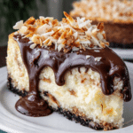 Creamy Almond Joy Cheesecake Dessert slice with rich chocolate drizzle