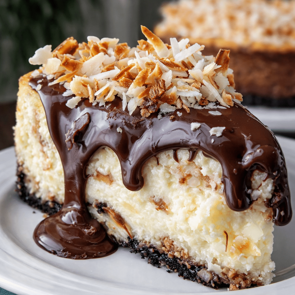 Creamy Almond Joy Cheesecake Dessert slice with rich chocolate drizzle