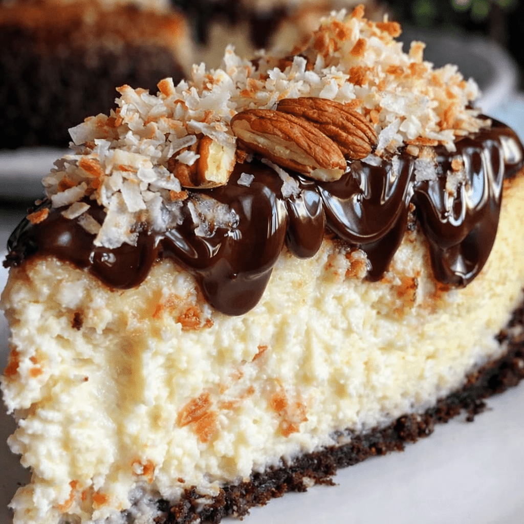 Homemade Almond Joy Cheesecake Dessert with crunchy almonds and coconut