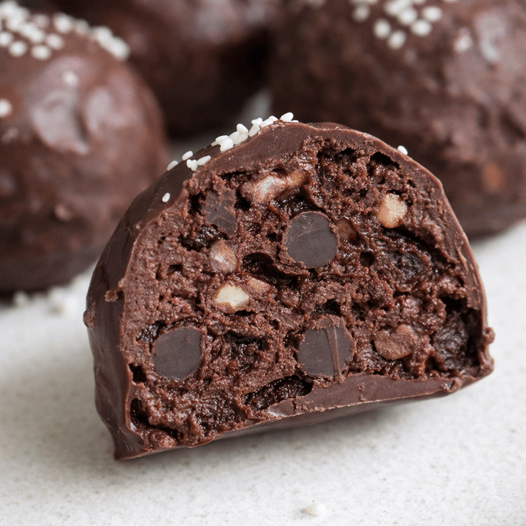 Date Brownie Balls – Best 5 Easy Healthy Snacks 5 No bake chocolate date brownie balls close up
