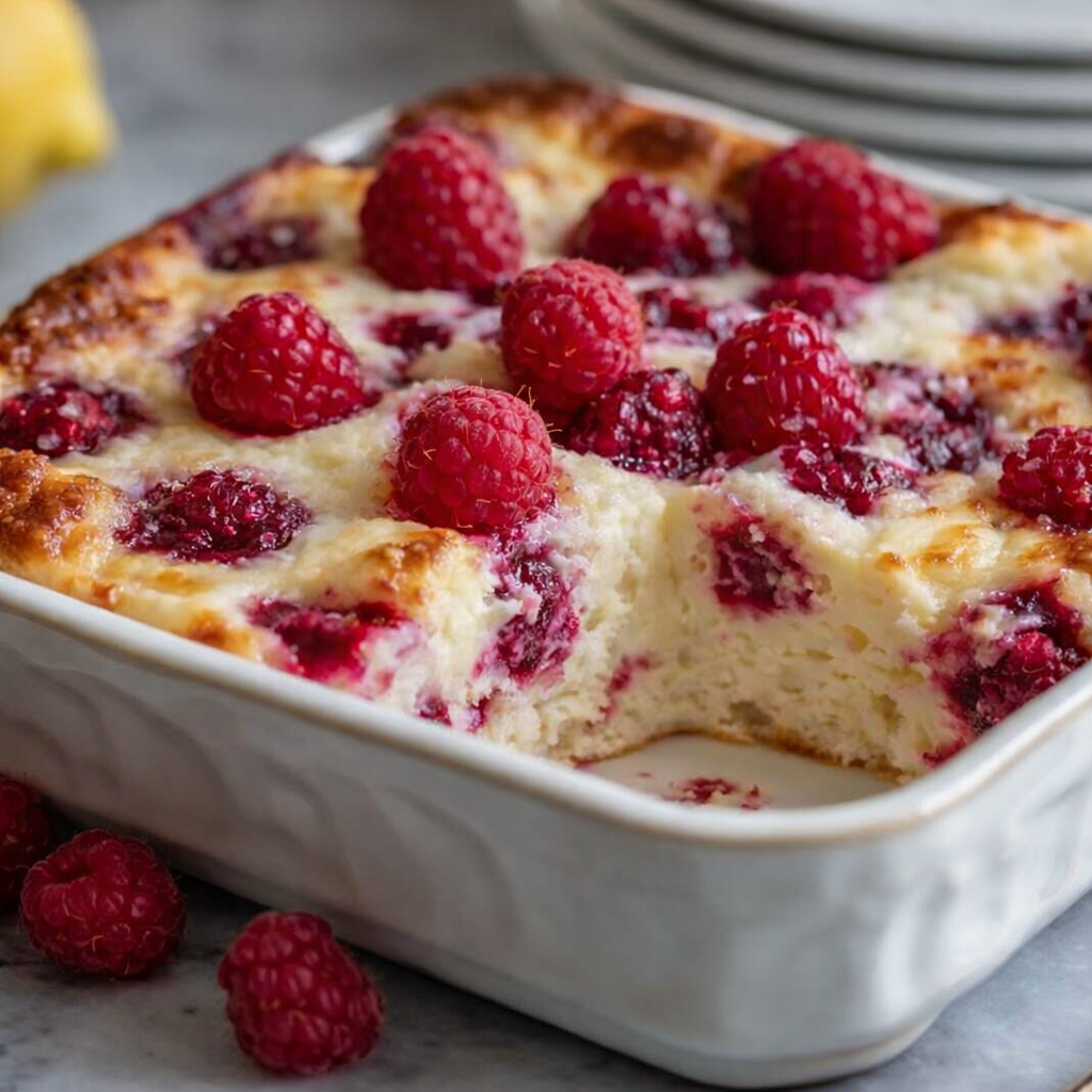 Slice of lemon raspberry cottage cheese bake on plate