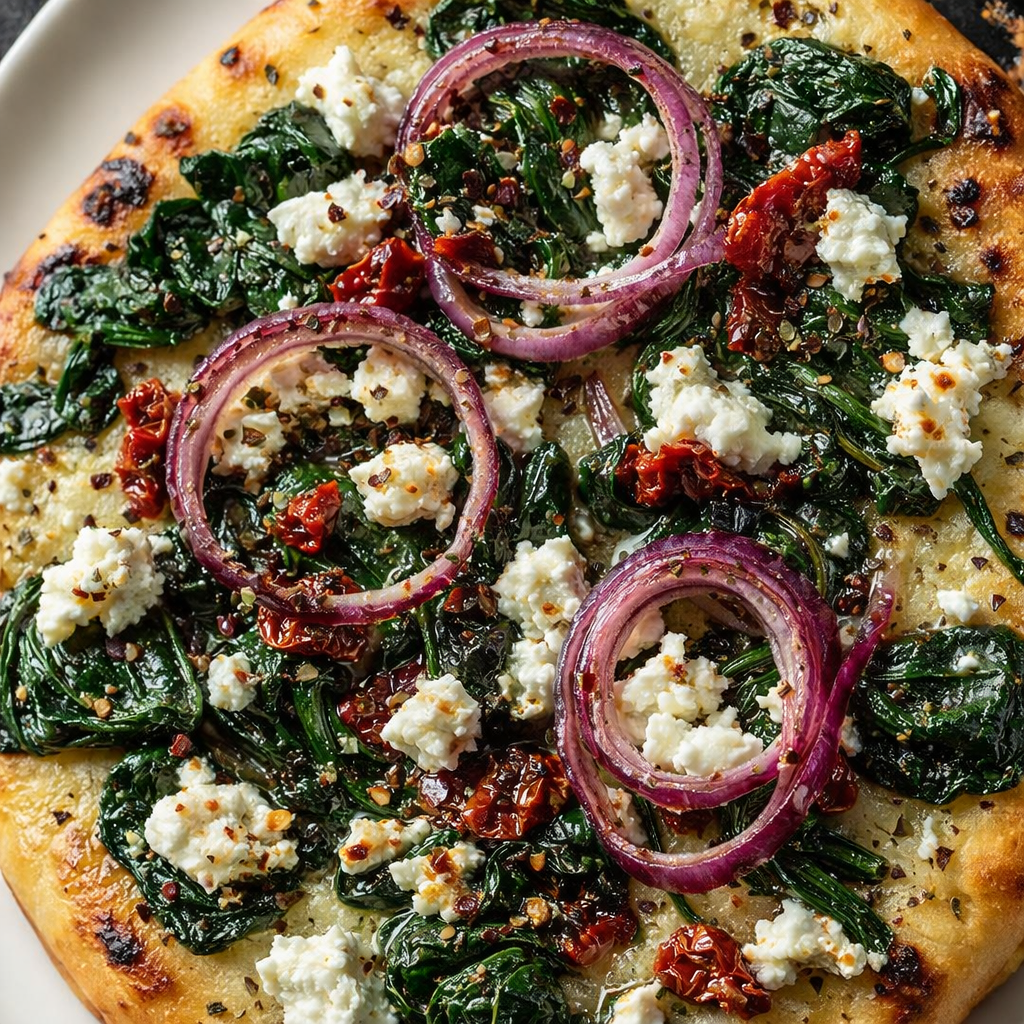 Crispy Spinach And Feta Flatbread Pizza close up