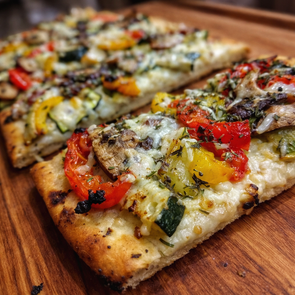 Easy 5-Step Recipe - Roasted Veggie Flatbread Slices 5 crispy roasted veggie flatbread slices fresh from oven