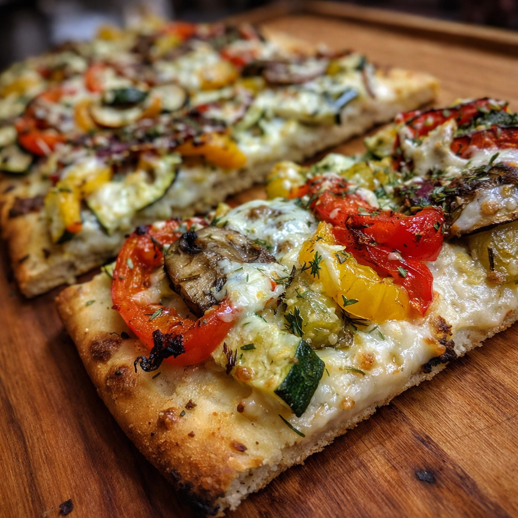 Easy 5-Step Recipe - Roasted Veggie Flatbread Slices 6 homemade roasted veggie flatbread slices with cheese