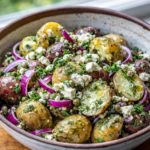 Healthy Greek potato salad with olive oil dressing