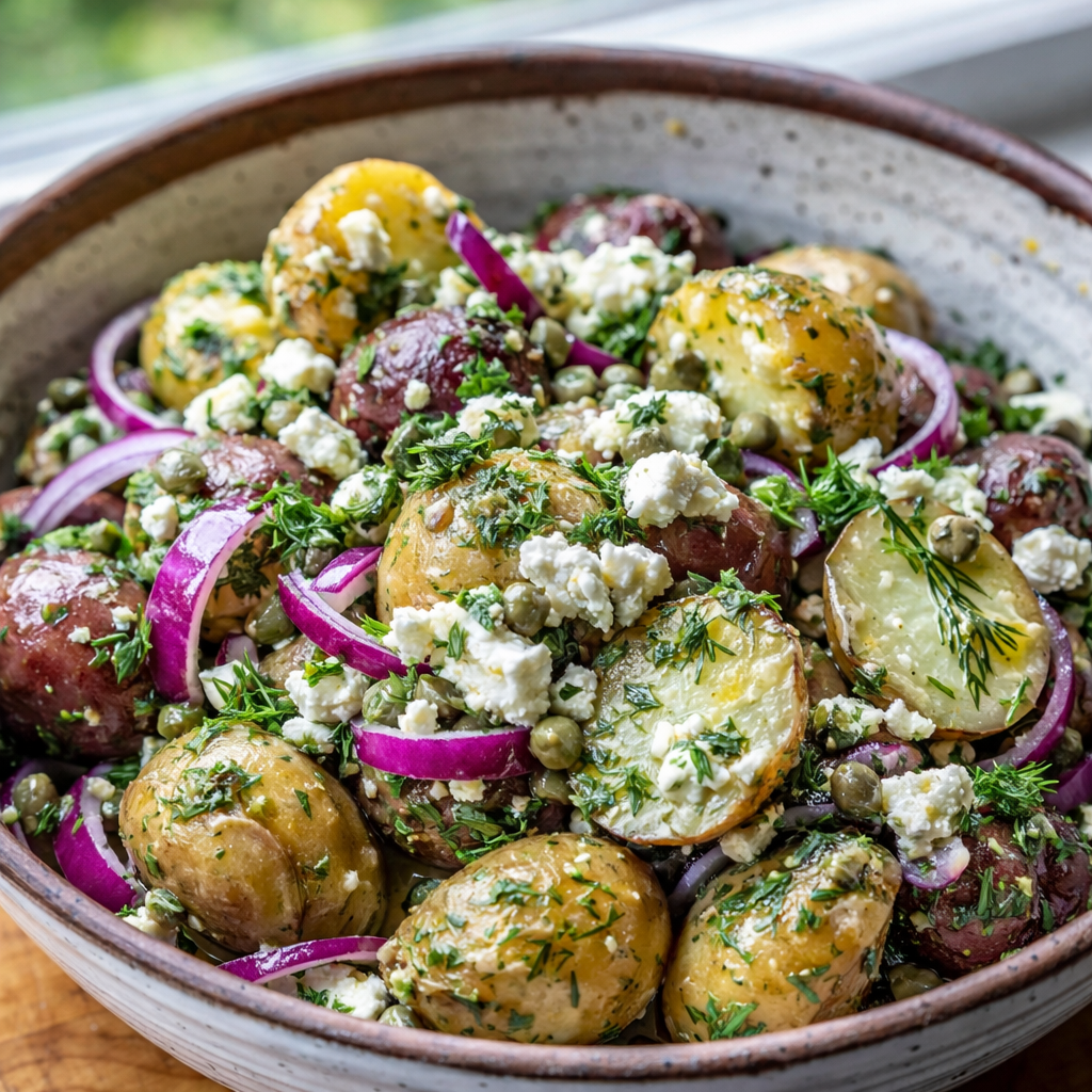 Healthy Greek potato salad with olive oil dressing
