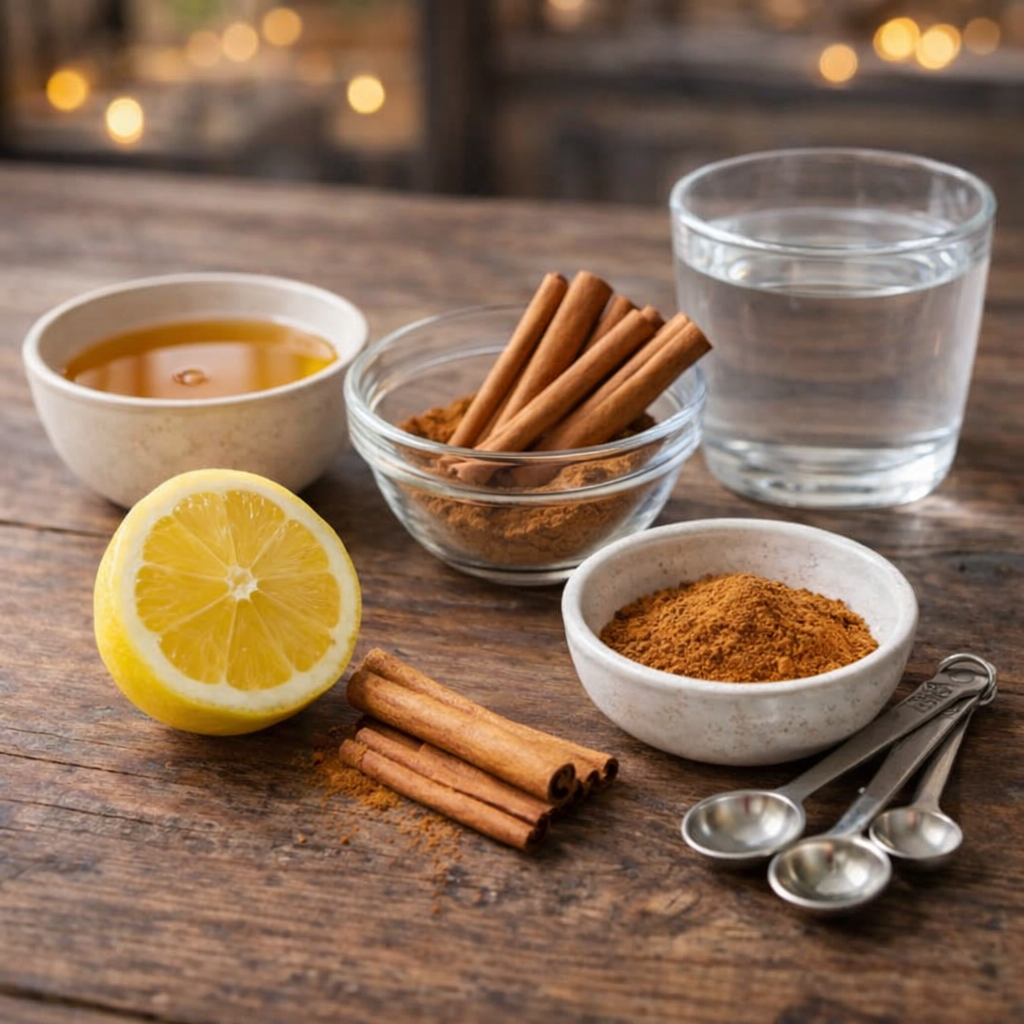 Ingredients for honey and cinnamon drink