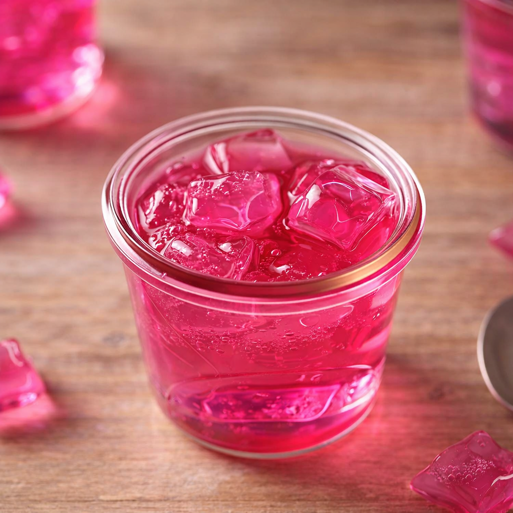 Healthy pink gelatin dessert with strawberries