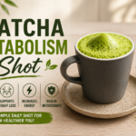 Matcha metabolism shot in glass with citrus juice