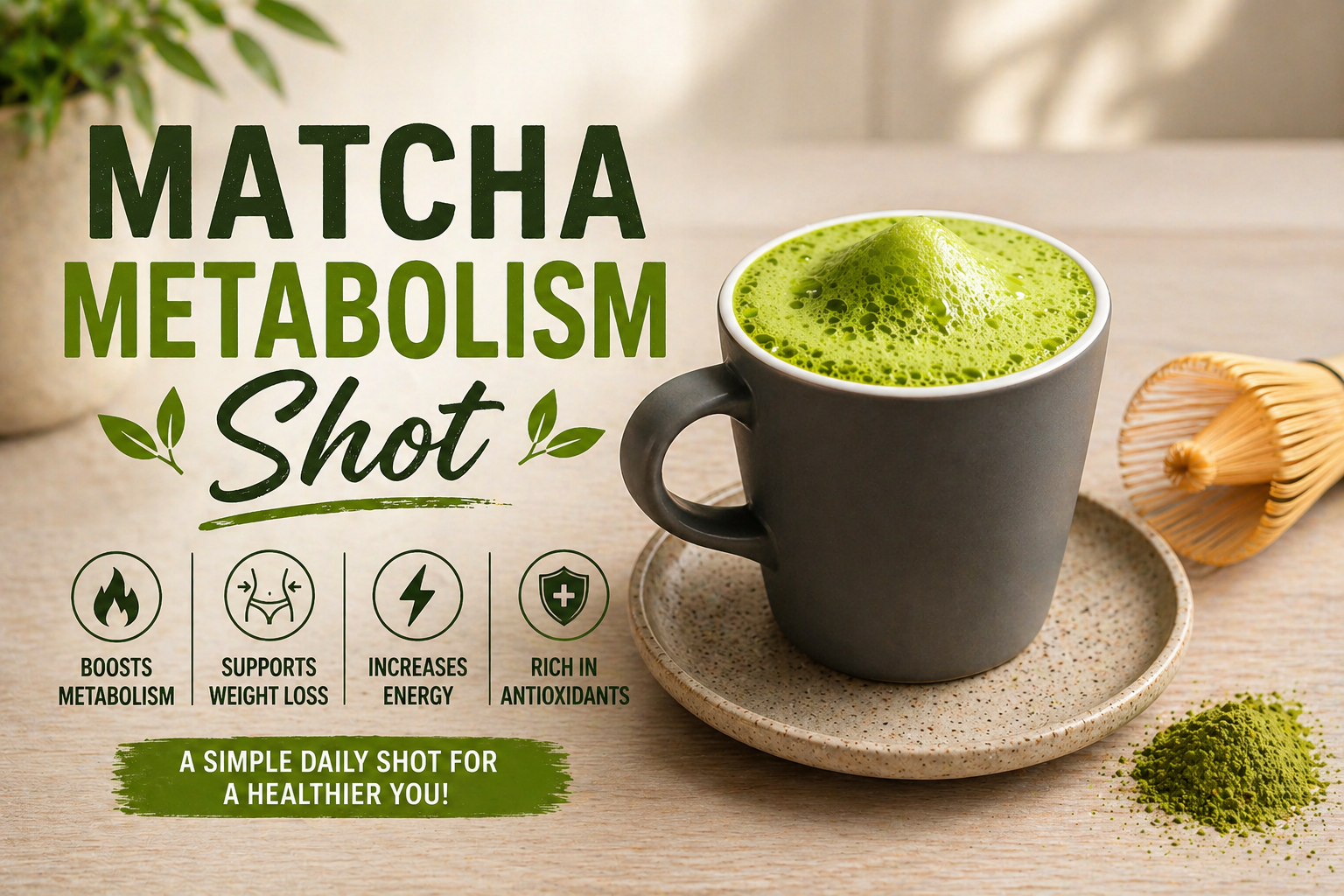 Matcha metabolism shot in glass with citrus juice