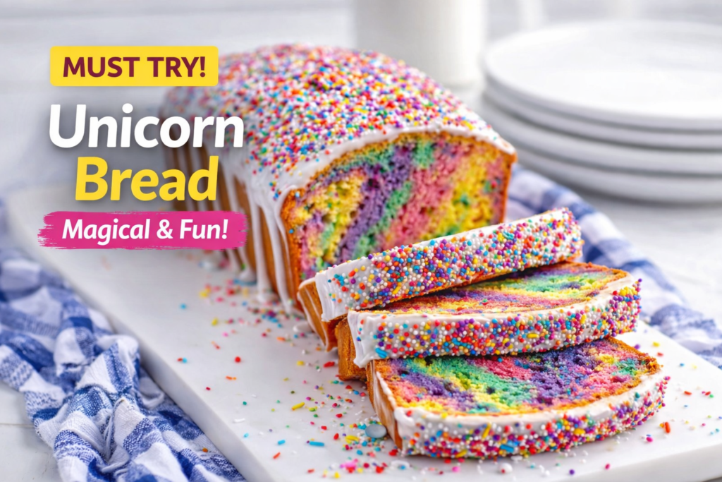 Colorful unicorn bread slices with rainbow swirl