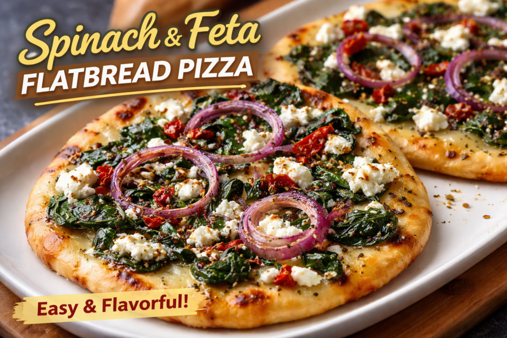 Spinach And Feta Flatbread Pizza fresh from oven