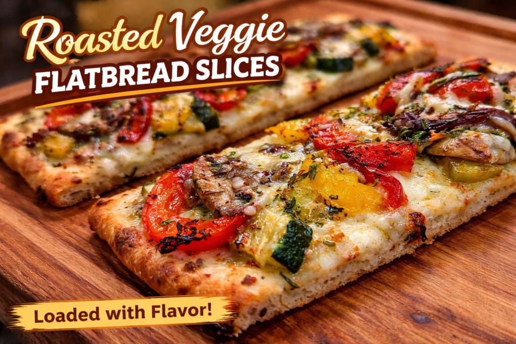 roasted veggie flatbread slices with colorful vegetables