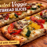 roasted veggie flatbread slices with colorful vegetables