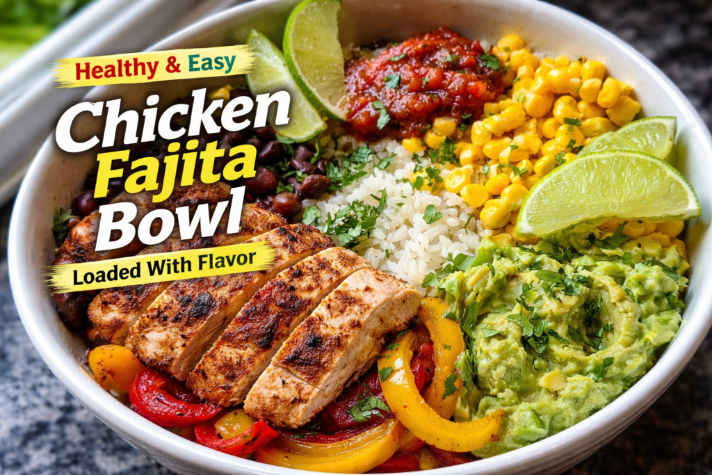 Fajita Chicken Burrito Bowl with rice, peppers, and avocado