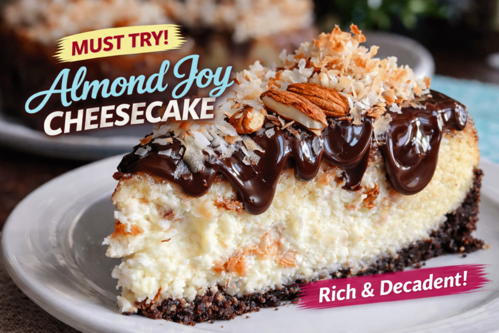 Almond Joy Cheesecake Dessert with chocolate, coconut, and almonds topping
