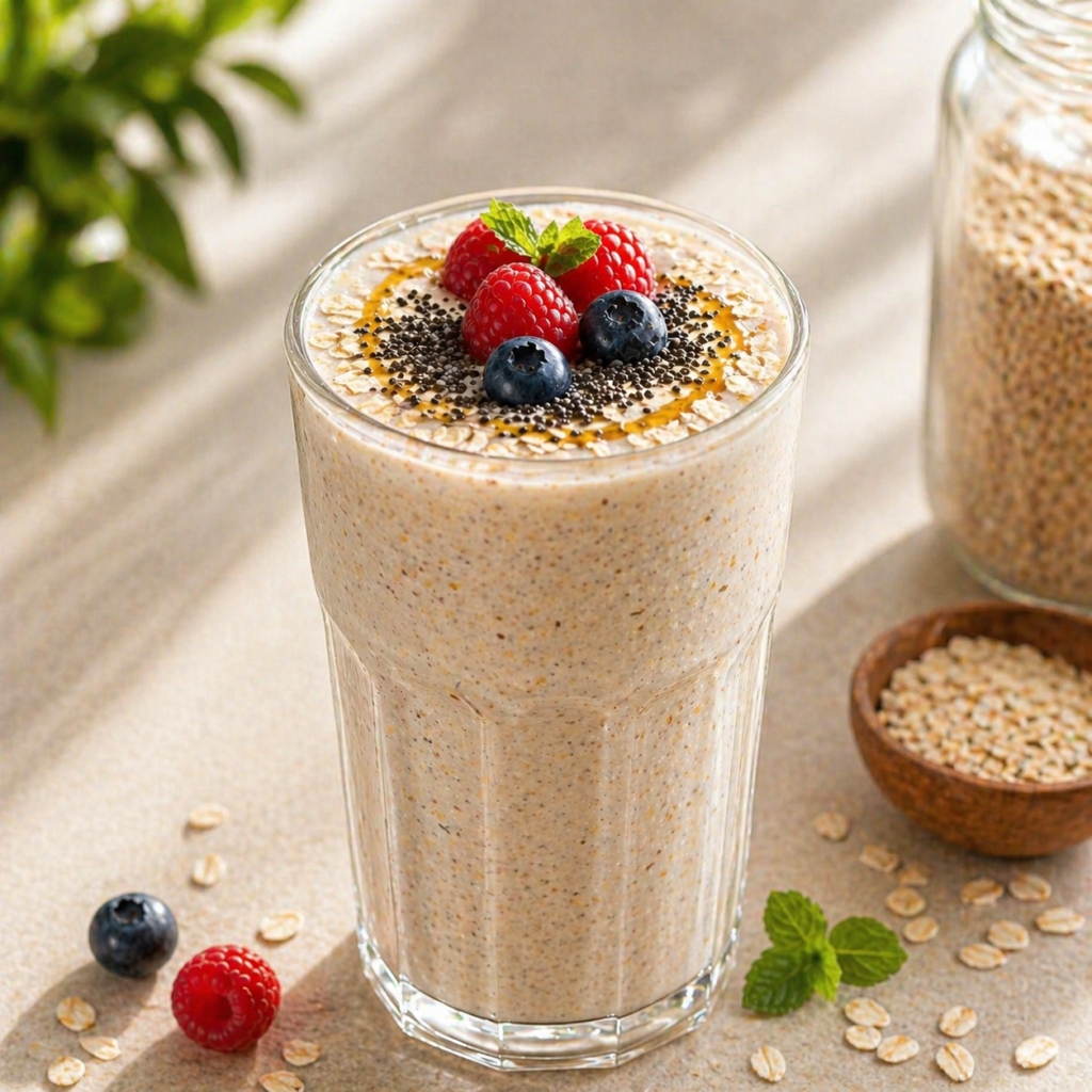 A glass of oat weight loss drink blended with cinnamon and chia seeds for a healthy breakfast option.