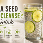 chia seed gut cleanse drink in a glass with lemon