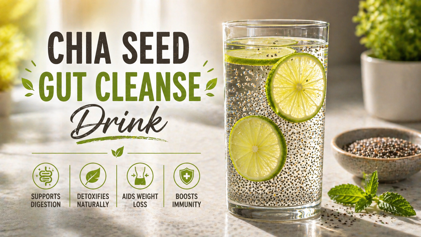 chia seed gut cleanse drink in a glass with lemon