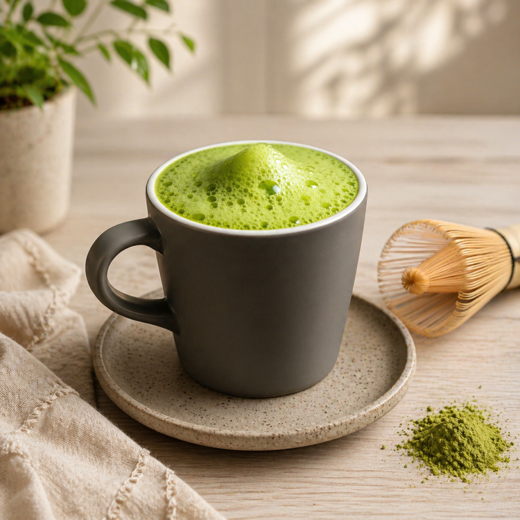 Ingredients for matcha metabolism shot on tableIngredients for matcha metabolism shot on table