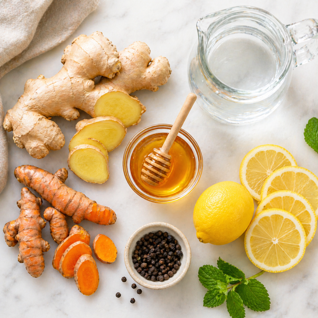 Glass of ginger turmeric weight loss tonic with lemon served warm