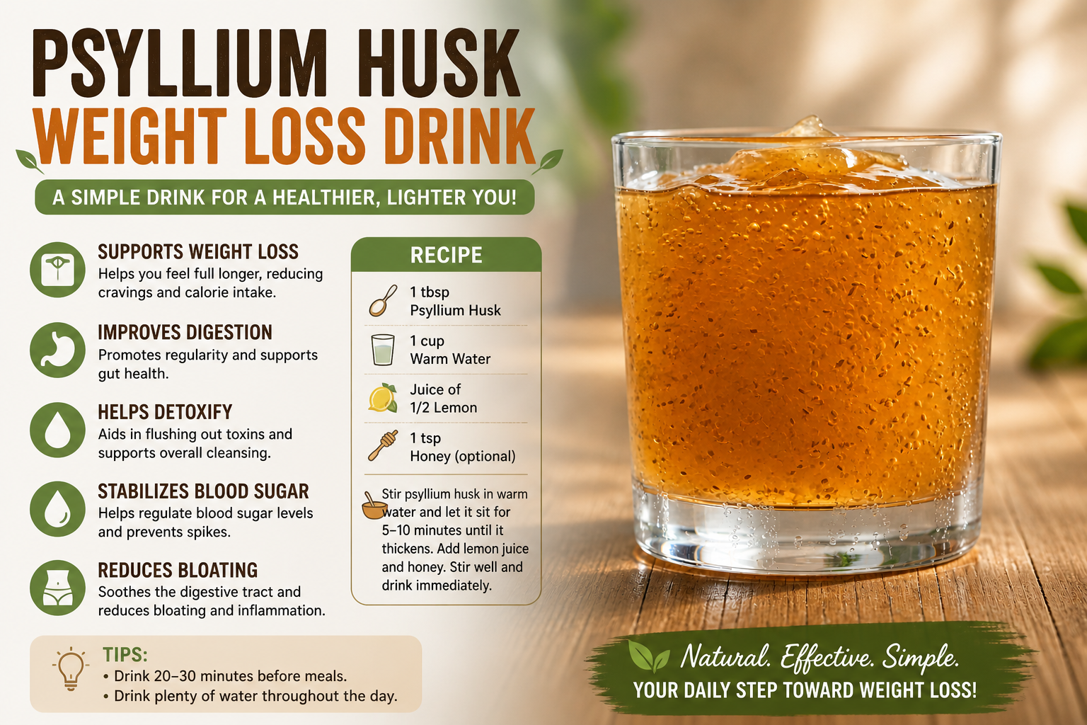 Psyllium husk weight loss drink in glass with lemon