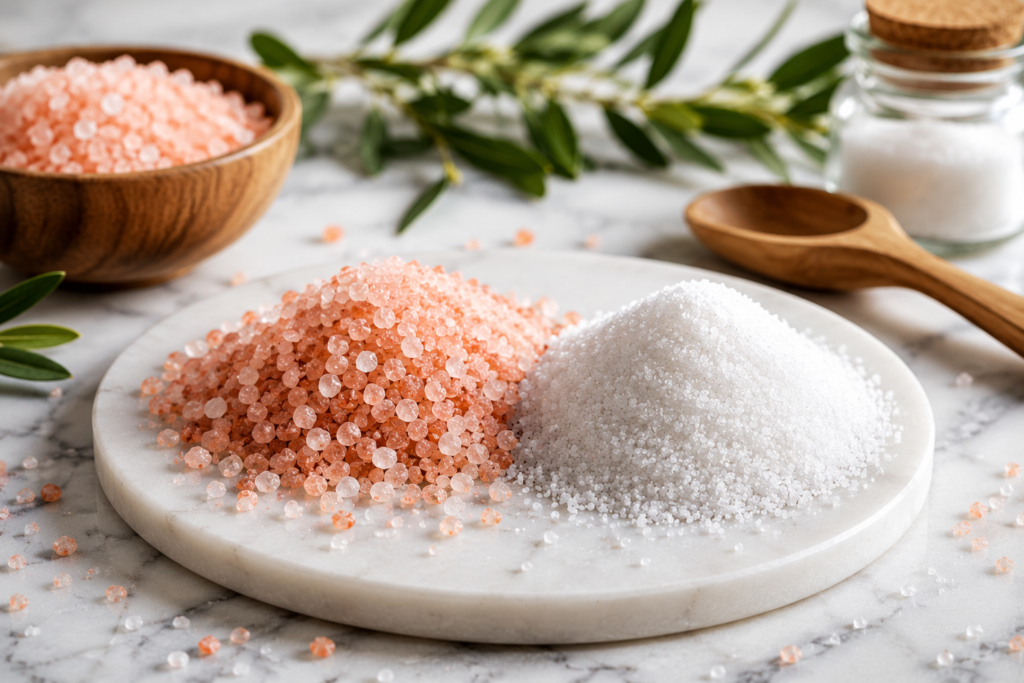 Pink salt vs table salt in wooden bowls