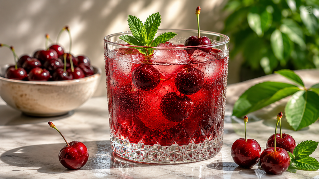 Pouring sparkling water into tart cherry juice for Nighttime Fat Burner drink