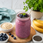 Fiber rich breakfast oatmeal with fruits and seeds