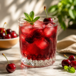 Tart Cherry Nighttime Fat Burner in a tall glass with sparkling water and lime