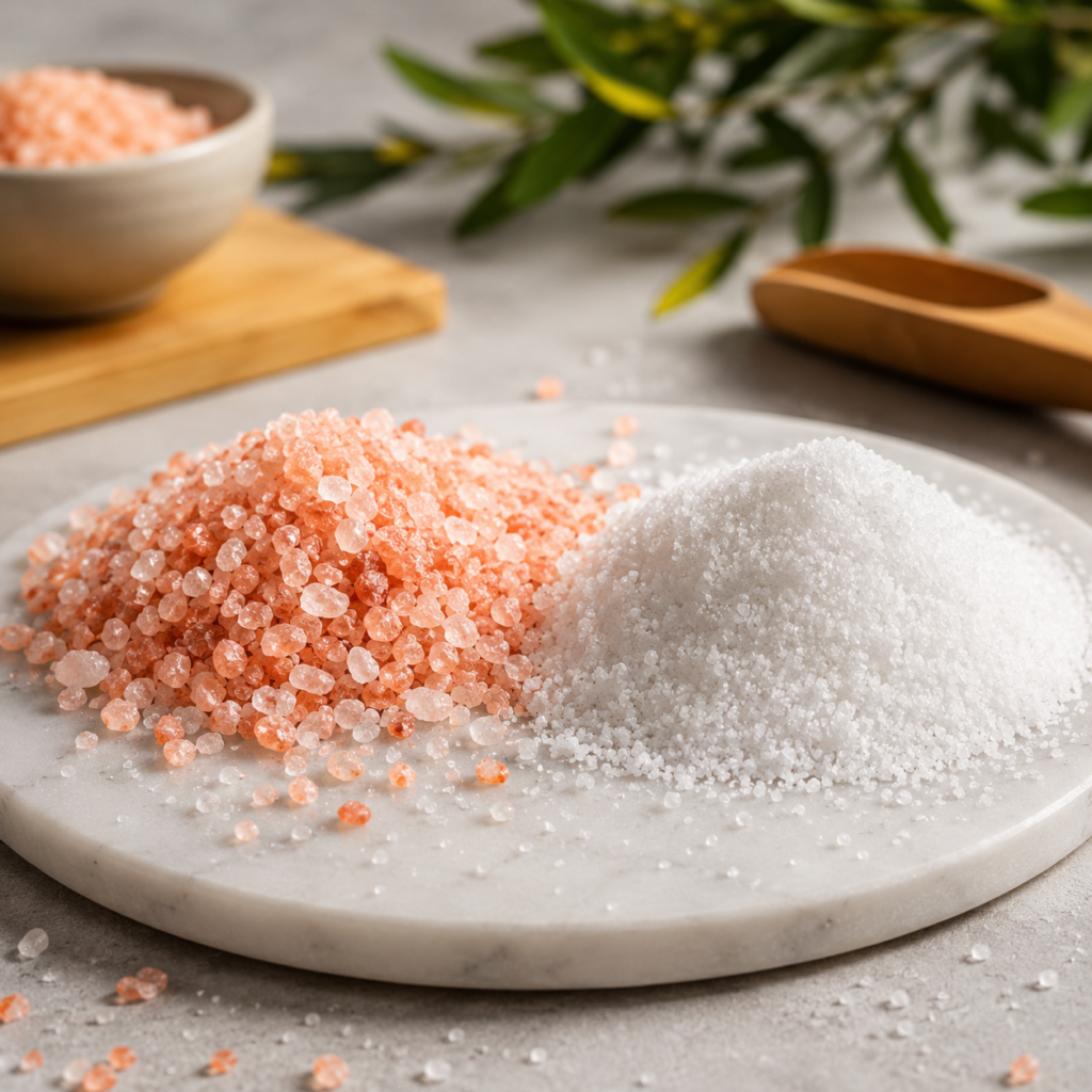 Himalayan pink salt crystals beside table salt